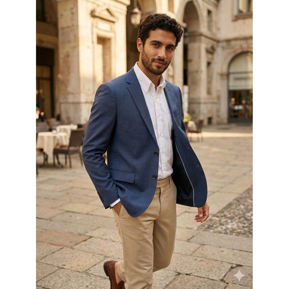 Theory Mens 40R Blazer Blue Plaid Wool Blend Two Button Casual Coat Sport Jacket